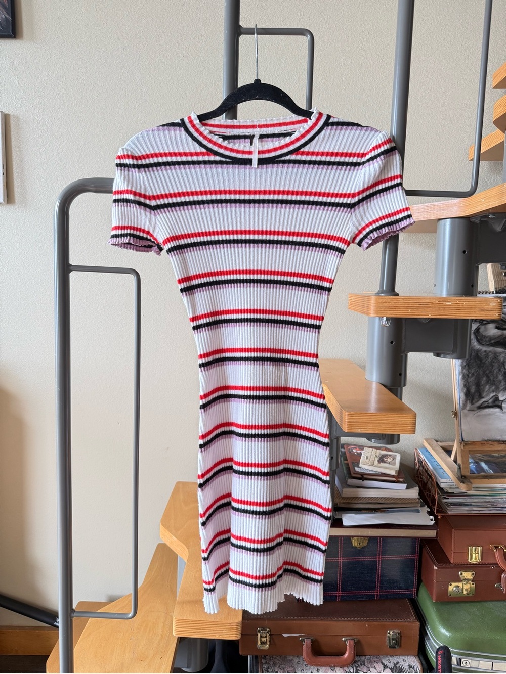 Free People White & Red Striped Rib-Knit Mini Dress